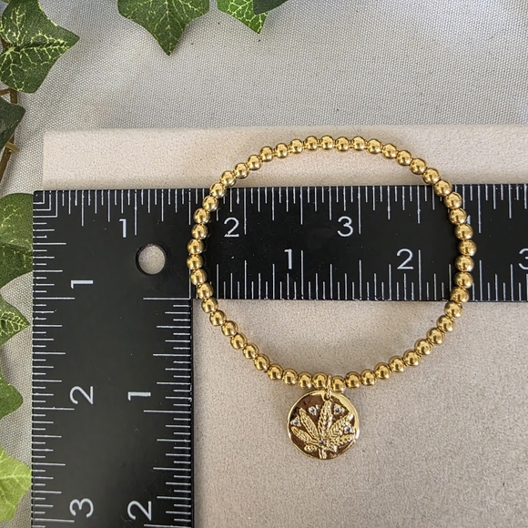Brass Bead Stretch Bracelet with Mary Jane Leaf Charm - Picture 7 of 7